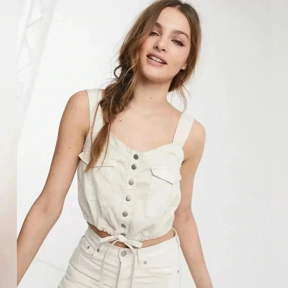 We the Free Palm Desert Denim Drawstring‎ Ivory Crop Top Size Medium